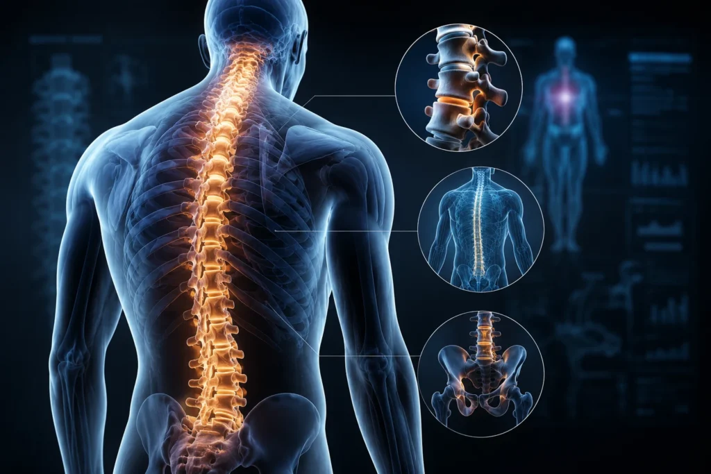 ¿Cómo es el esqueleto en la región medial del cuerpo?